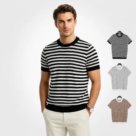 T-Shirt à Rayures en Tricot pour Hommes Coupe Slim Manches Courtes Col Rond Mélange Viscose Polyester Respirant