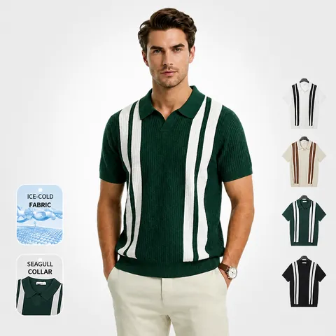 Polo à Manches Courtes Rayé Contrasté pour Hommes en Polyester Respirant Haut en Maille Business Décontracté Coupe Ajustée pour Été