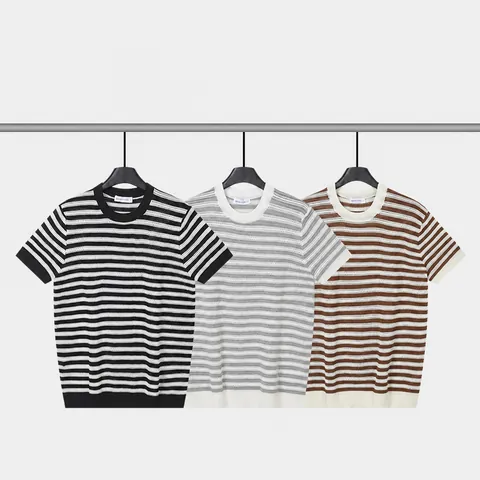 T-Shirt à Rayures en Tricot pour Hommes Coupe Slim Manches Courtes Col Rond Mélange Viscose Polyester Respirant