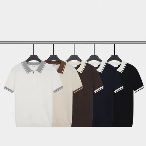 Men Summer Ice Silk Knitted Polo Shirt Contrast Color Short Sleeve Zip Top Breathable Business Casual Slim Fit Knitwear