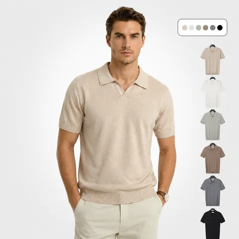 Polo en Tricot pour Hommes Manches Courtes Respirant Polyester Col en V Haut Ajusté Couleur Unie Décontracté Business Mode