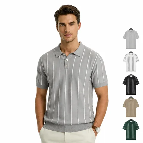 Polo Rayé en Soie Glacée pour Hommes Manches Courtes Respirant Coupe Ajustée Haut en Tricot Affaires Décontracté Polo Viscose Polyester