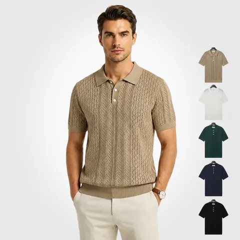Polo en Tricot de Viscose de Soie Glacée pour Hommes Texture de Grille Manches Courtes Demi-Bouton Top Business Casual Respirant Coupe Ajustée