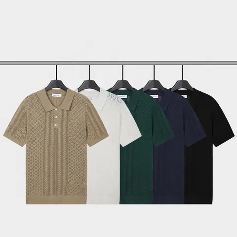 Polo en Tricot de Viscose de Soie Glacée pour Hommes Texture de Grille Manches Courtes Demi-Bouton Top Business Casual Respirant Coupe Ajustée