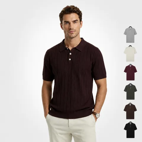 Polo Homme en Tricot à Côtes Soie de Glace Manches Courtes Respirant Demi Patte de Boutonnage Revers Top Business Casual