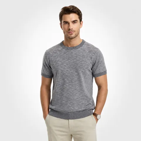 T-Shirt en Tricot Frais en Soie de Glace pour Hommes Été Casual Manches Courtes Col Rond Respirant Couleur Unie Top Mode