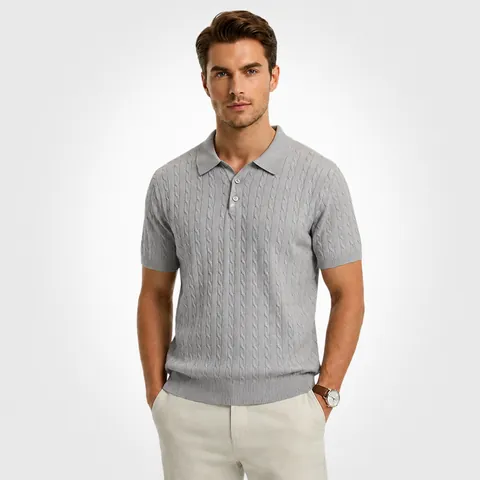 Polo en Soie de Glace pour Hommes Tricot à Torsades Manches Courtes Respirant Rafraîchissant Business Décontracté Couleur Unie Mélange de Viscose Top