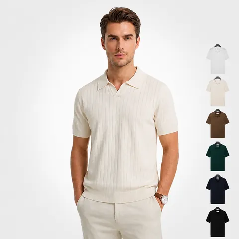 Men Summer Ice Silk Cooling Polo Shirt Seagull Neck Vertical Ribbed Breathable Knitted Short Sleeve T-Shirt Casual Top