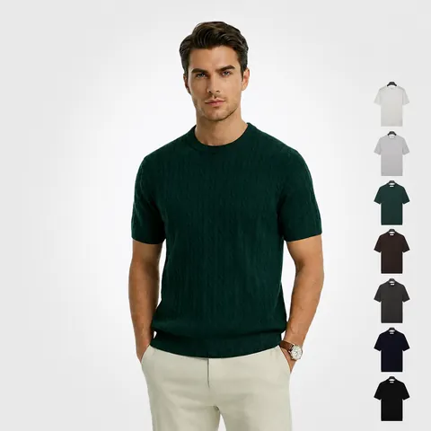 T-Shirt Homme Tricot Torsadé Coupe Ajustée Col Rond Manches Courtes Soie de Glace Fraîche Viscose Polyester Casual Été Haut