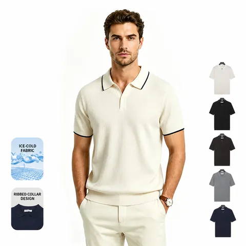 Polo en Soie de Glace Rafraîchissante pour Hommes Col Mouette Haut en Maille Manches Courtes Couleur Unie Business Décontracté