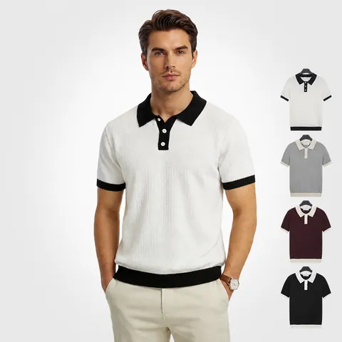 Men Summer Thin Ice Silk Cool Feel Half Button Waffle Knit Short Sleeve Polo Shirt Breathable Casual Fashion Streetwear Top