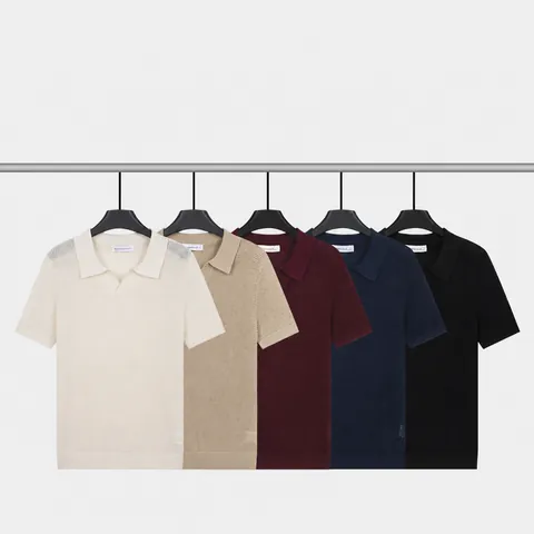 Polo en Tricot Rafraîchissant en Soie Glacée pour Hommes Col en V Mouette Haut à Manches Courtes Ajouré Respirant Texture Plissée Vêtements Décontractés Mode