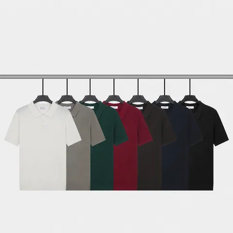 Men Knitted Polo Shirt Ice Silk Cooling Viscose Polyester Short Sleeve Top Business Casual Solid Color Breathable Shirt