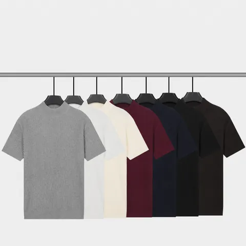 T-Shirt Homme Soie de Glace Rafraîchissante Col Montant Manches Courtes Respirant Texture Nervurée Coupe Ajustée Top Urbain Décontracté