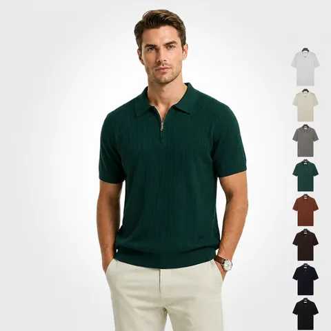 Polo en Maille de Soie Glacée pour Hommes Demi Zip Revers Manches Courtes Couleur Unie Côtelé Coupe Ajustée Business Casual