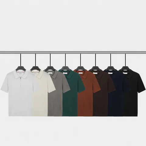 Polo en Maille de Soie Glacée pour Hommes Demi Zip Revers Manches Courtes Couleur Unie Côtelé Coupe Ajustée Business Casual