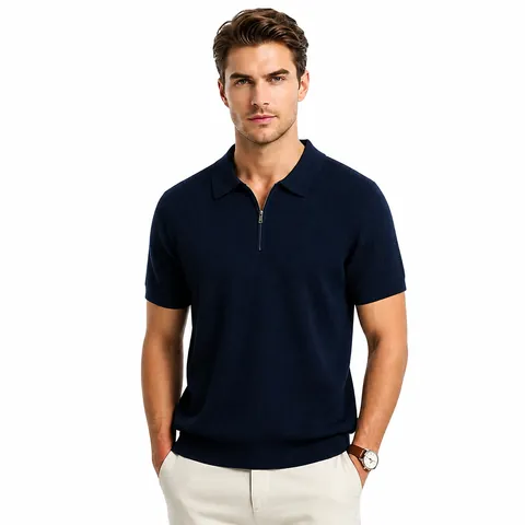 Polo en Tricot de Soie de Glace pour Hommes Viscose Polyester avec Fermeture Éclair Revers Manches Courtes Couleur Unie Respirant Été Business Casual Top