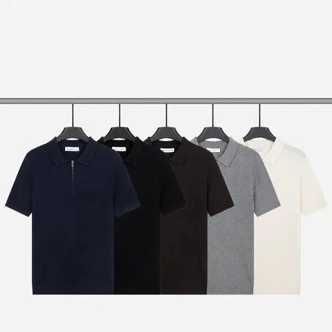 Polo en Tricot de Soie de Glace pour Hommes Viscose Polyester avec Fermeture Éclair Revers Manches Courtes Couleur Unie Respirant Été Business Casual Top