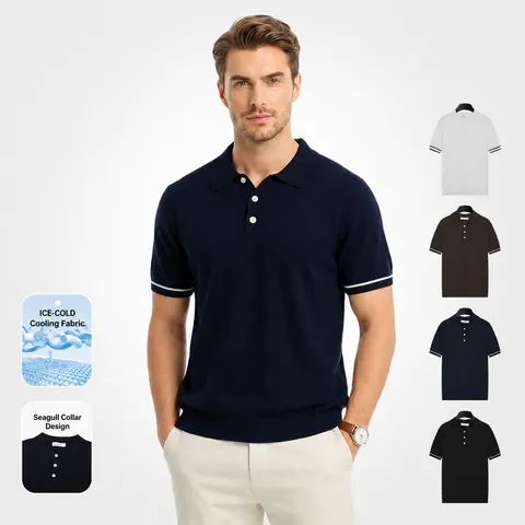 Heren Ice Silk Verkoelend Korte Mouw Gebreid Poloshirt Ademend Casual Effen Kleur Geplooid Top Voor Zomer Dagelijks