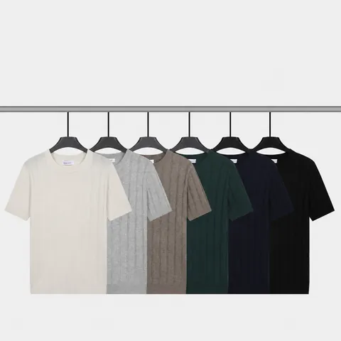 T-Shirt en Tricot pour Homme Style Old Money Col Rond Nervuré à Rayures Verticales Manches Courtes en Soie de Glace Viscose Polyester