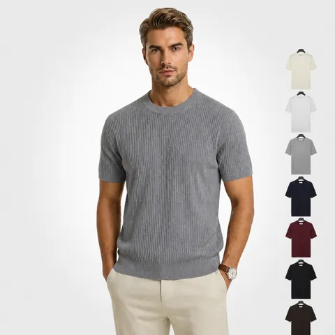Haut en Maille de Soie Glacée Slim Fit pour Hommes Texture Côtelée Respirant Couleur Unie Col Rond Manches Courtes Été