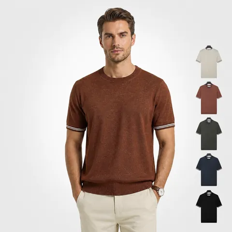 T-Shirt en Maille Rafraîchissant Ice Silk pour Hommes Respirant Manches Courtes Col Rond avec Bordure Contrastée Top Été Casual
