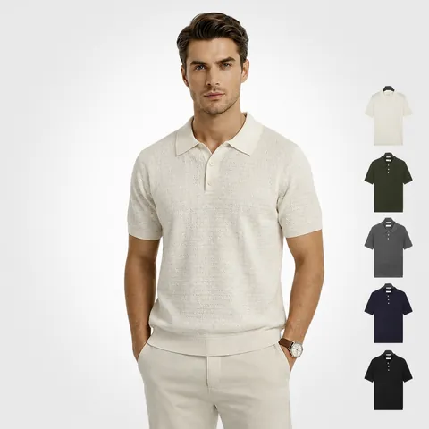 Polo Tricoté Rétro Américain pour Hommes Manches Courtes Soie de Glace Respirant Coupe Ajustée Couleur Unie Demi Bouton Haut Décontracté
