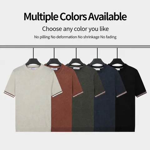 T-Shirt en Maille Rafraîchissant Ice Silk pour Hommes Respirant Manches Courtes Col Rond avec Bordure Contrastée Top Été Casual