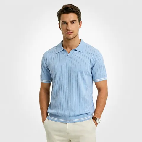 Polo en Tricot de Soie de Glace à Manches Courtes pour Hommes à Rayures Verticales Col Mouette Business Casual Top Été
