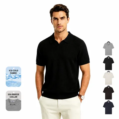 Polo en Maille de Soie de Glace pour Hommes Col Mouette Été Respirant Rafraîchissant Couleur Unie Manches Courtes Business Casual