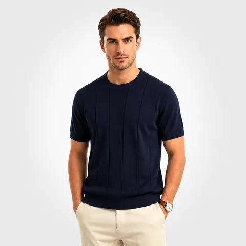 T-Shirt en Tricot Ice Silk à Manches Courtes pour Hommes Col Rond Texture Nervurée Rafraîchissant Respirant Été