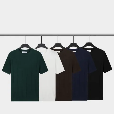 T-Shirt en Tricot Ice Silk à Manches Courtes pour Hommes Col Rond Texture Nervurée Rafraîchissant Respirant Été