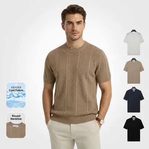 Maglietta da Uomo in Maglia di Seta di Ghiaccio Manica Corta Girocollo Viscosa Poliestere Stile Old Money Traspirante Tinta Unita Top Smart Casual