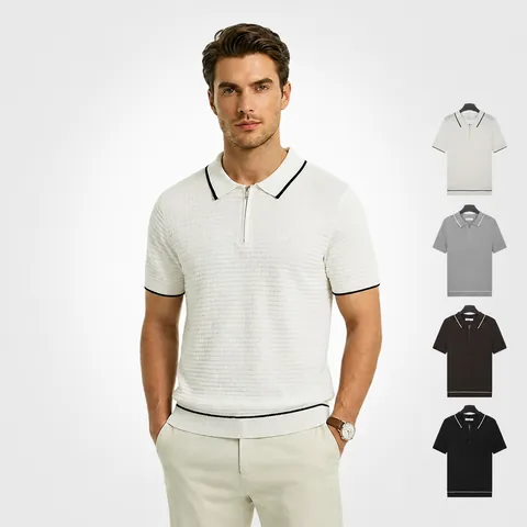 Men Ice Silk Cooling Knitted Polo Shirt Short Sleeve Zipper Neck Contrast Color Business Casual Knit Top For Men