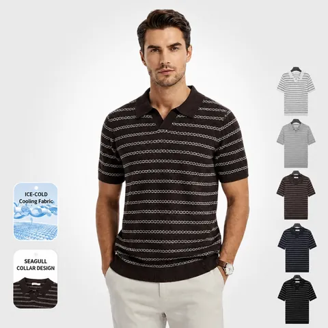 Polo Rafraîchissant en Soie Glacée pour Hommes T-Shirt d'Été Tricoté Rayé Respirant Business Casual Col Seagull Top Coupe Ajustée