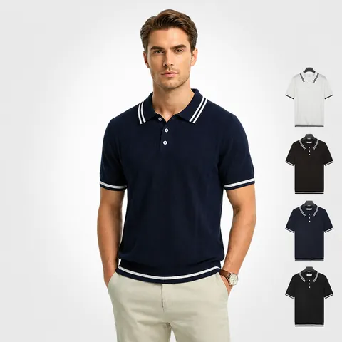 Vintage American Men Solid Color Knit Polo Shirt Summer Ice Silk Short Sleeve Contrast Stripe Casual Polo Top