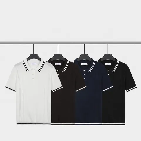 Vintage American Men Solid Color Knit Polo Shirt Summer Ice Silk Short Sleeve Contrast Stripe Casual Polo Top