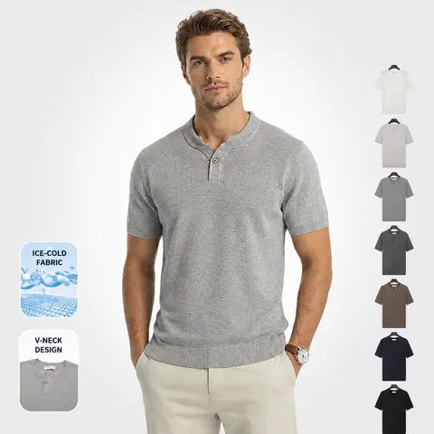 Men Summer Ice Silk Polo Shirt Short Sleeve Henley Neck Solid Color Business Casual Knit Breathable Top Lightweight Cooling Knitted T-Shirt