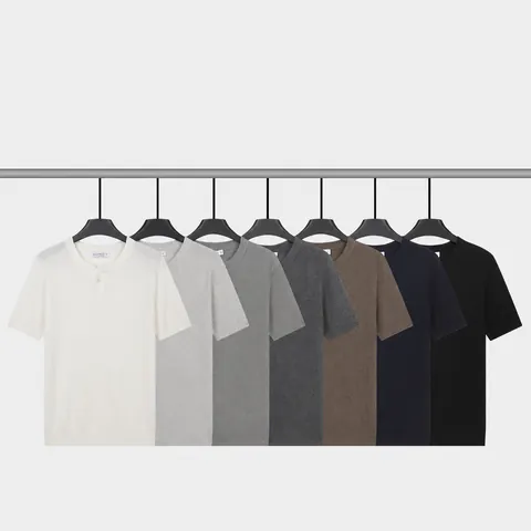 Men Summer Ice Silk Polo Shirt Short Sleeve Henley Neck Solid Color Business Casual Knit Breathable Top Lightweight Cooling Knitted T-Shirt