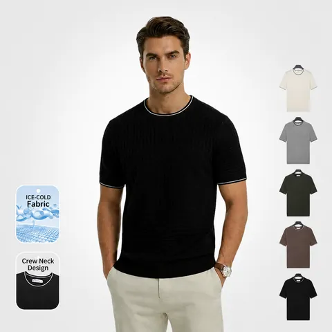 T-Shirt en Tricot de Viscose et Polyester pour Hommes Coupe Ajustée Soie de Glace Col Rond Manches Courtes Casual Streetwear Top Été
