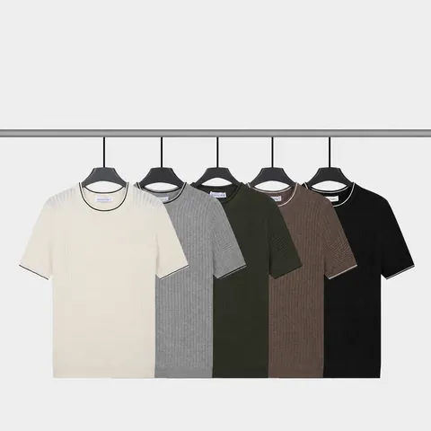 T-Shirt en Tricot de Viscose et Polyester pour Hommes Coupe Ajustée Soie de Glace Col Rond Manches Courtes Casual Streetwear Top Été