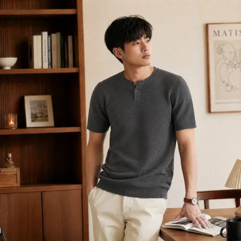 T-shirt en Maille à Manches Courtes pour Hommes Col Henley Minimaliste Japonais Respirant en Viscose Polyester Top d'Été