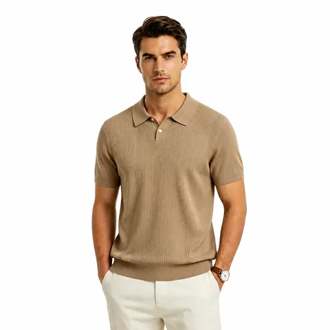 Polo en Tricot Homme Business Décontracté Été Soie de Glace Rafraîchissant Respirant Manches Courtes Coupe Ajustée Couleur Unie Texturé
