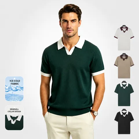 Polo en Soie Glacée pour Hommes Rafraîchissant Col en V Manches Courtes Bordure Contrastée Respirant Coupe Ajustée Décontracté Été