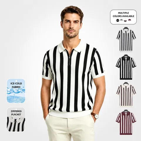 Men's Old Money Style Ice Silk Knitted Polo Shirt Vertical Striped Contrast Color Zipper Lapel Short Sleeve Casual Top