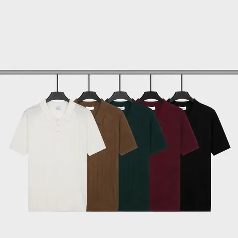 Men's Ice Silk Polo Shirt Knit Short Sleeve Ribbed Breathable Business Casual Cooling Half Button Collar Classic Soft Top
