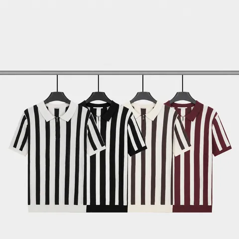 Men's Old Money Style Ice Silk Knitted Polo Shirt Vertical Striped Contrast Color Zipper Lapel Short Sleeve Casual Top