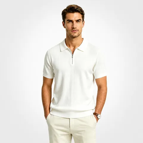 Polo da Uomo in Maglia di Seta di Ghiaccio Manica Corta Cerniera Rever Misto Viscosa Poliestere Traspirante Casual Estate Top