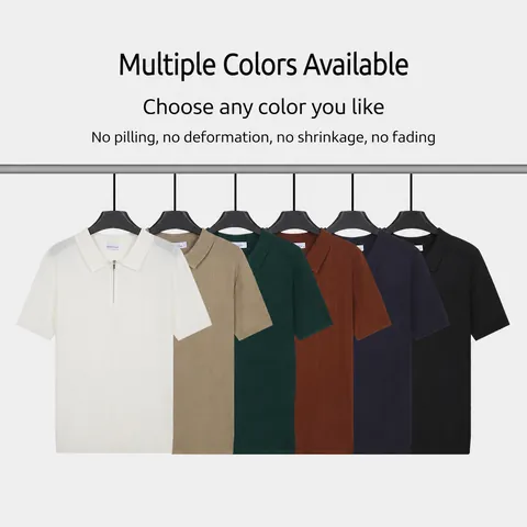 Polo da Uomo in Maglia di Seta di Ghiaccio Manica Corta Cerniera Rever Misto Viscosa Poliestere Traspirante Casual Estate Top