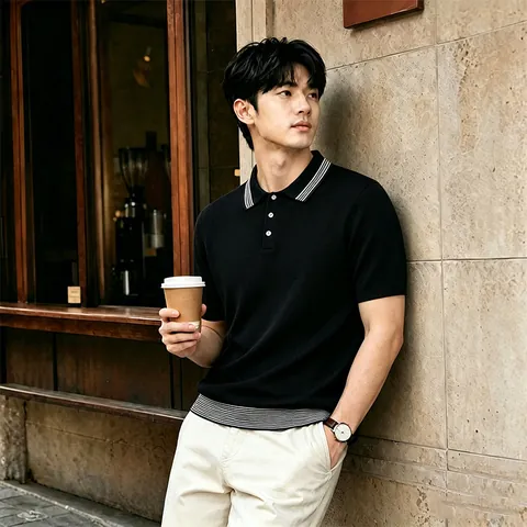 Polo en Maille Décontracté pour Hommes Manches Courtes Respirant Col Contrasté Coupe Slim Léger Top